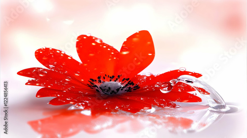 Red Flower with Water Drops...