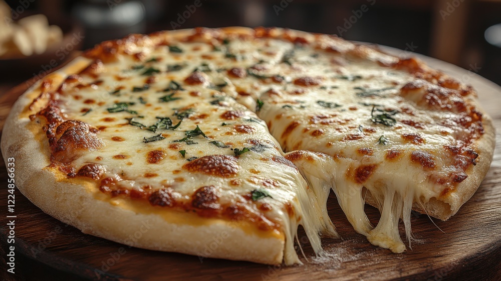 Delicious pizza slice topped with melted cheese and fresh basil on wooden table Delicious pizza slice topped with melted cheese and fresh basil on wooden table