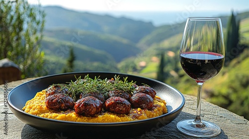 Corsican figatellu sausage with polenta and red wine overlooking Mediterranean hills photo