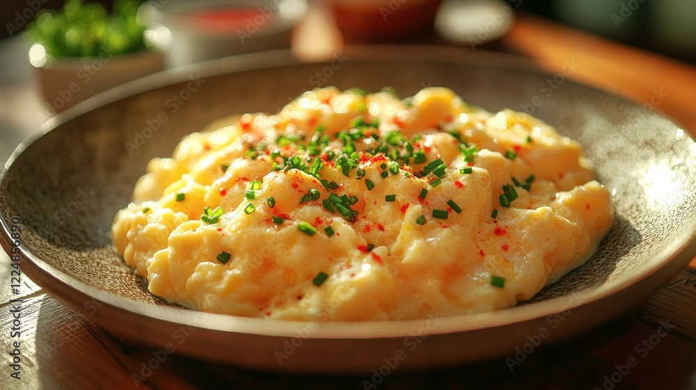 Scrambled eggs topped with chives served on rustic wooden table in morning light Scrambled eggs topped with chives served on rustic wooden table in morning light