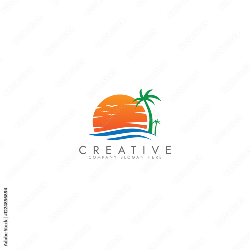Palm tree wave travel logo set Wave beach palm logo design icon combination Vector illustration Palm tree wave travel logo set Wave beach palm logo design icon combination Vector illustration