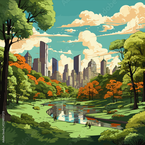 Central Park. Central Park hand-drawn comic illustration. Vector doodle style cartoon illustration