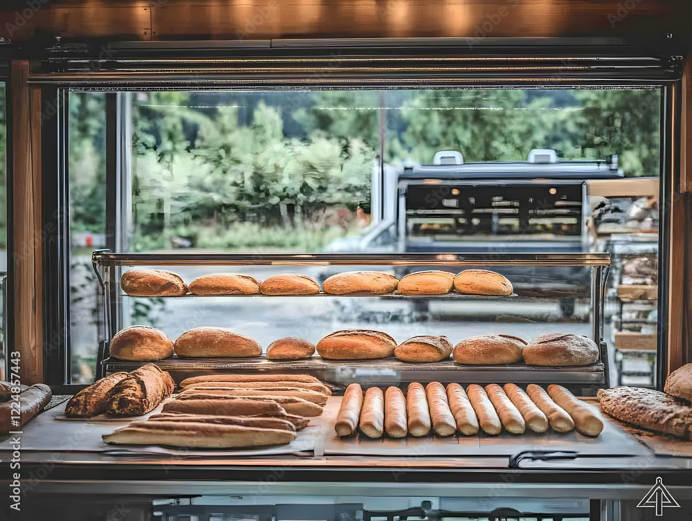 Fototapeta premium Freshly Baked Bread and Loaves Displayed Beautifully in Bakery Window Display Case