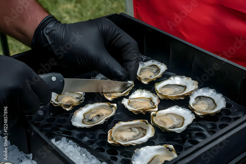 Gloved Hands Shucking Fresh...