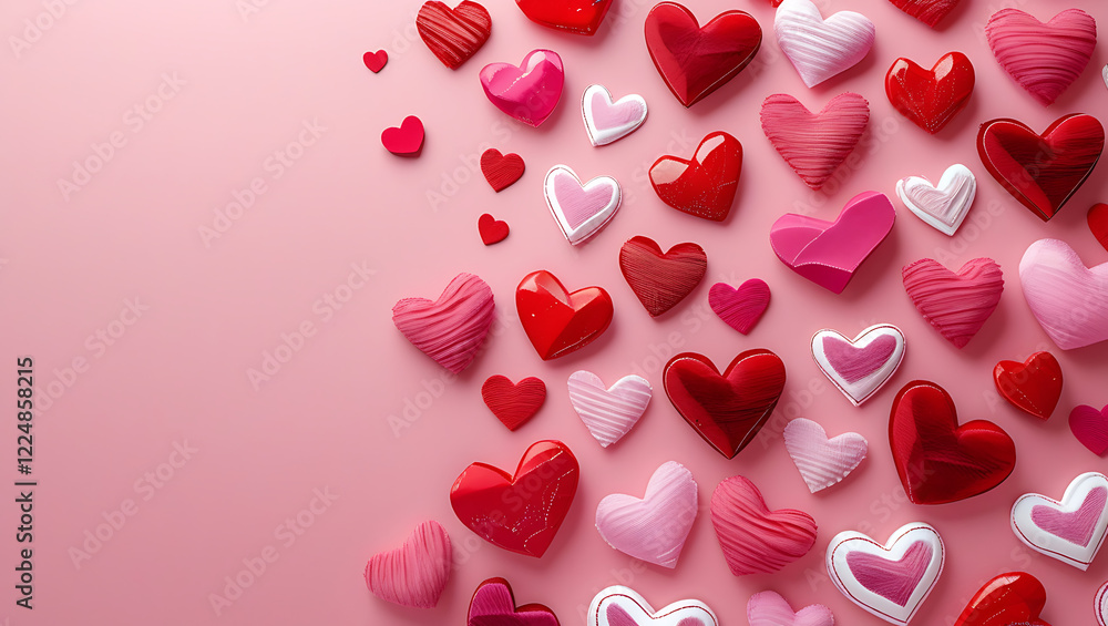 Obraz premium Romantic Valentine's Day Background with Red and Pink Heart Balloons on a Soft Pink Backdrop – Perfect for Love, Affection, February 14 Celebrations, Romantic Cards, Wedding Themes, and Heartfelt
