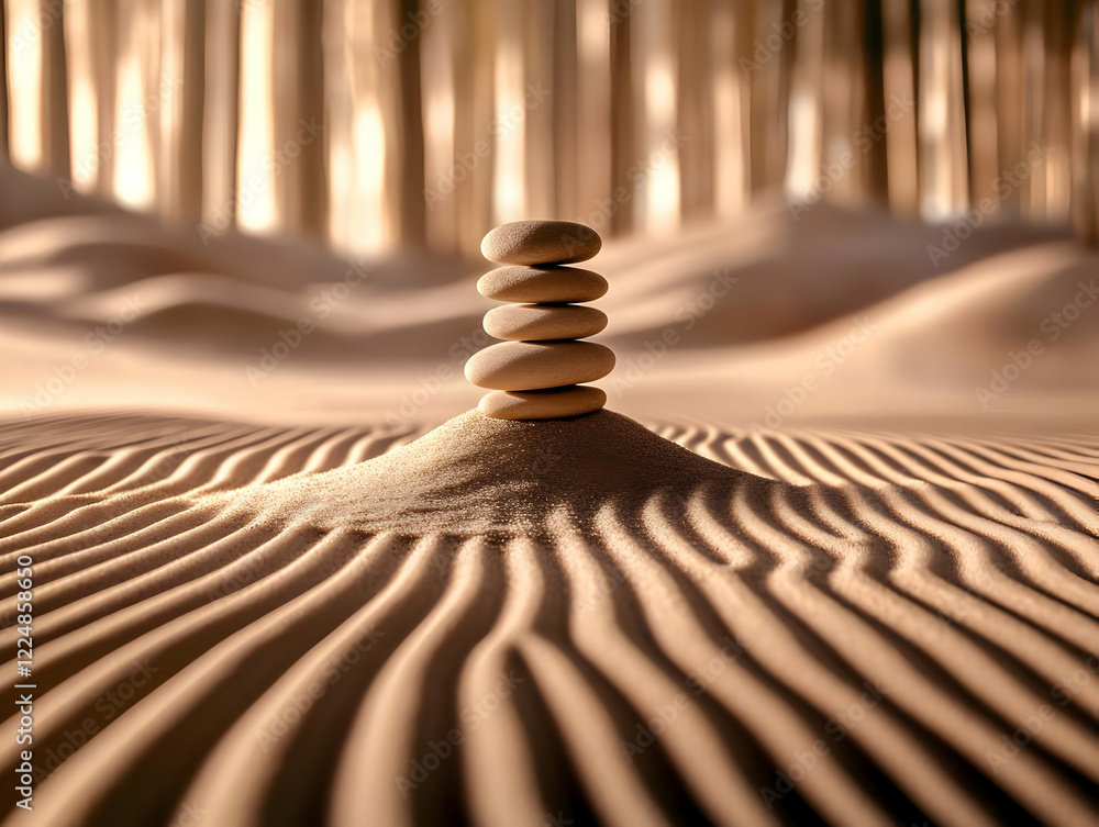 Obraz premium Stack of Balancing Stones Sits on Rippled Sand Dunes with Blurred Forest Background at Sunrise