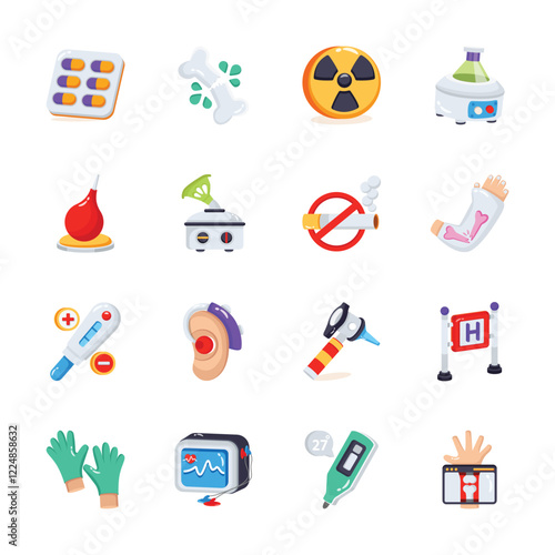 A collection of colorful, flat icons depicting various healthcare and medical concepts.