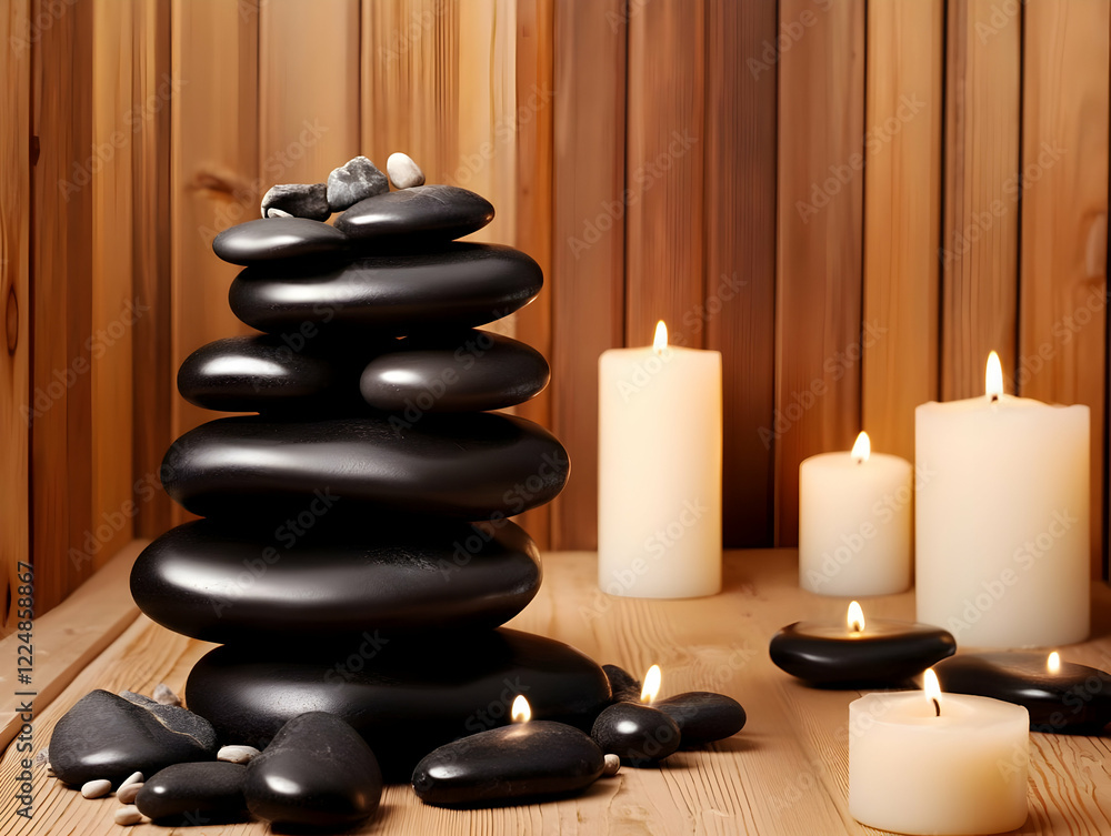 Stacked Black Stones and Lit Candles Create a Serene Spa Ambiance on Wooden Surface. Stacked Black Stones and Lit Candles Create a Serene Spa Ambiance on Wooden Surface.