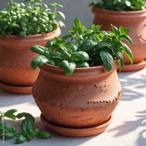 Handmade terracotta pots filled with fresh herbs like basil, mint, and rosemary photo