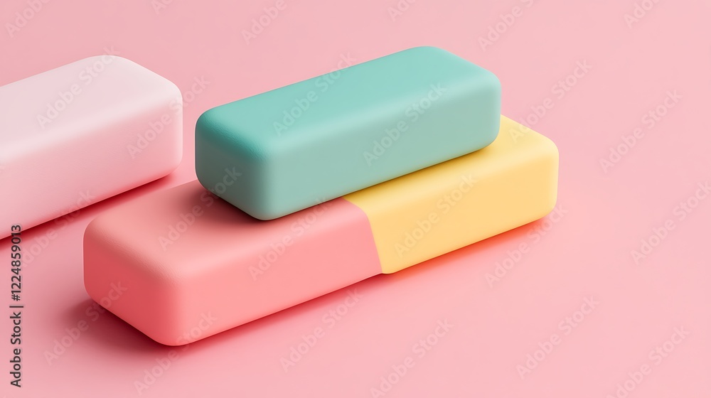 Colorful Rectangular Erasers Stacked on Soft Pink Background for Creative Arts and Crafts Supplies Colorful Rectangular Erasers Stacked on Soft Pink Background for Creative Arts and Crafts Supplies