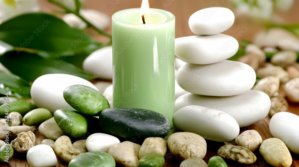 Obraz premium Green Candle Illuminates White and Green Stones Tranquilly on a Wooden Surface with Green Leaves.
