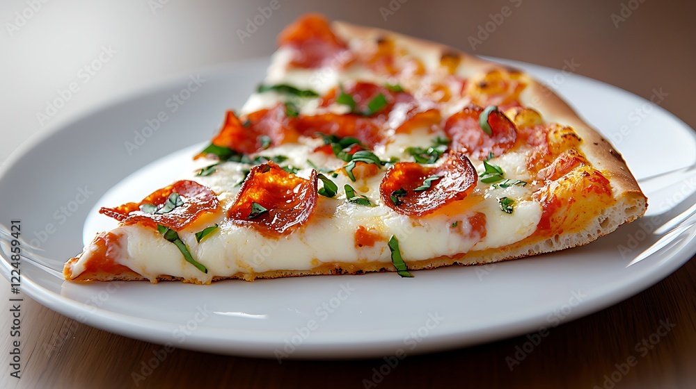 A Single Slice of Pepperoni Pizza on a White Plate A Single Slice of Pepperoni Pizza on a White Plate