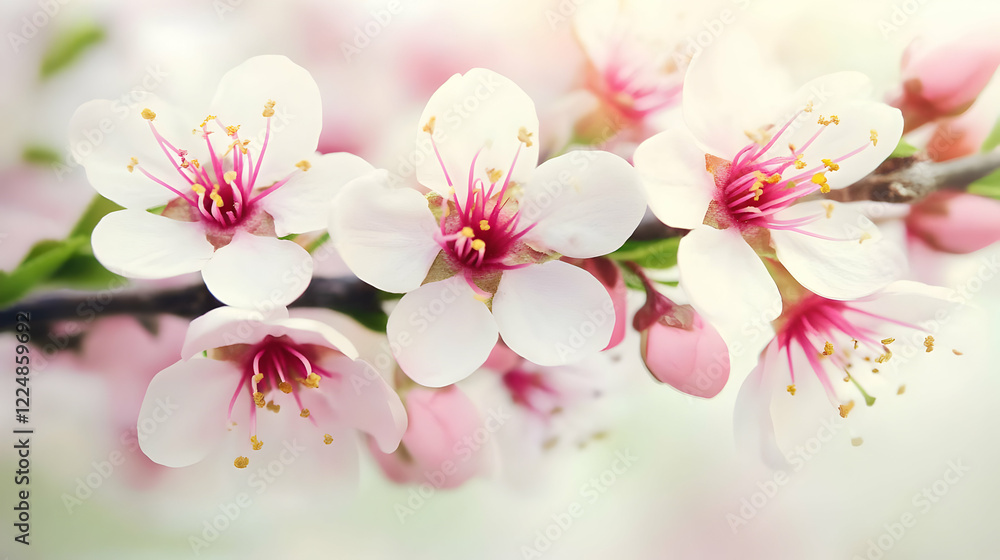 Naklejka premium Delicate Pink and White Flowers Bloom Gracefully on a Branch in Soft Light