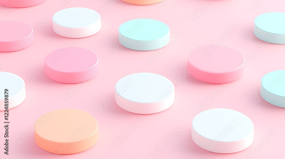 Colorful Round Discs on Soft Pink Background Creating a Modern Minimalistic Abstract Design Colorful Round Discs on Soft Pink Background Creating a Modern Minimalistic Abstract Design