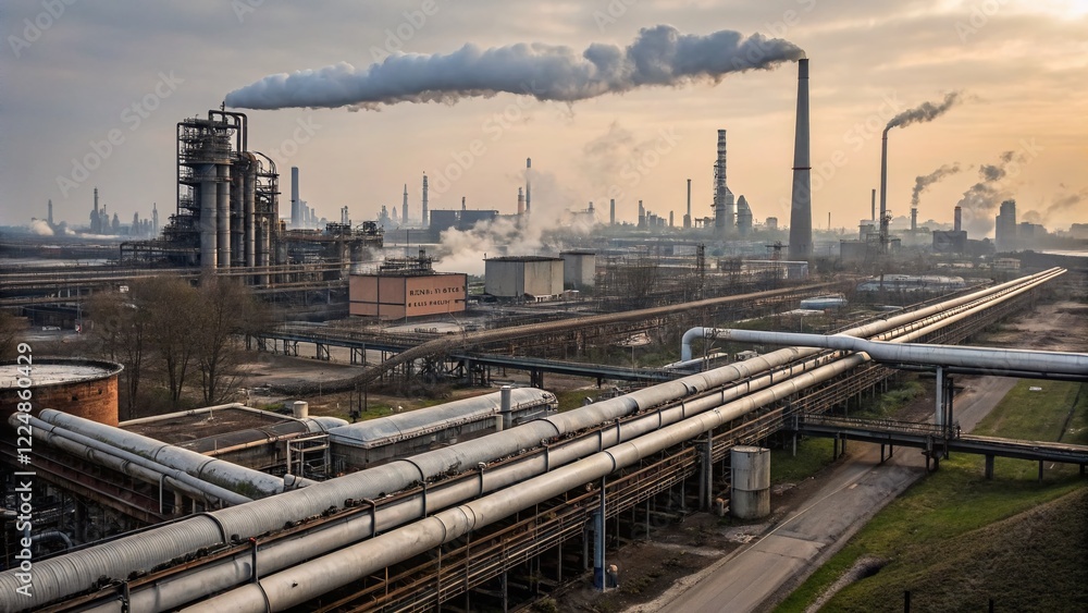 Fototapeta premium Panoramic Industrial Factory Exterior: Pipes, Ducts, and Smokestacks