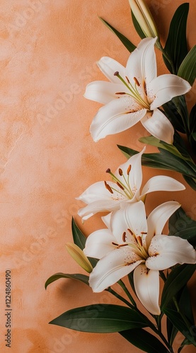 Wallpaper with an orange color and lily flowers on the right side, in a minimalist styl photo