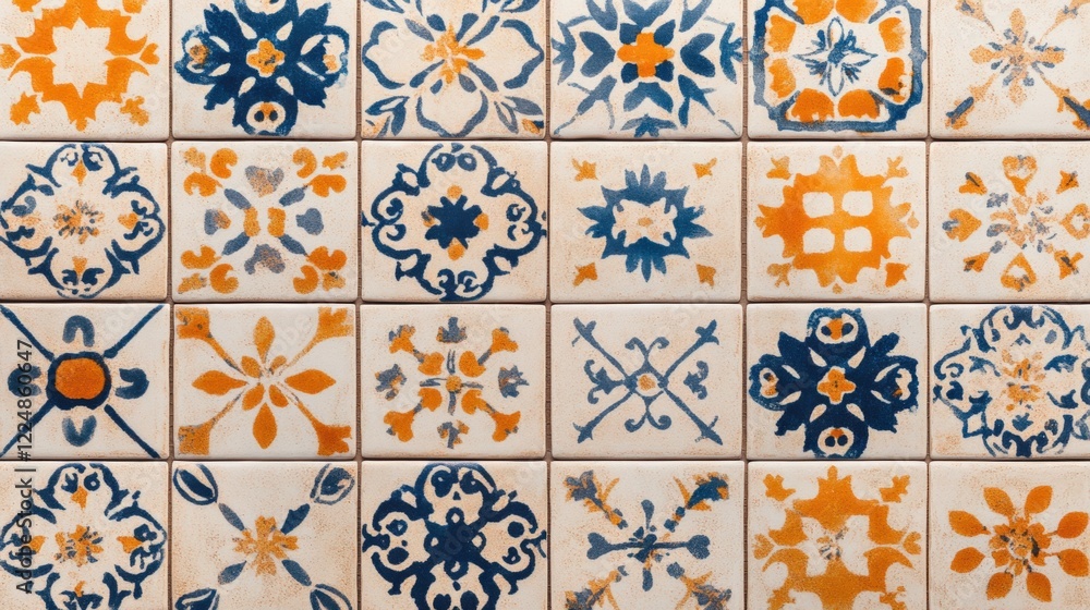 Colorful Mosaic Tiles Featuring Intricate Patterns in Blue and Orange Tones, Showcasing Artisan Craftsmanship in a Beautiful Decorative Design Colorful Mosaic Tiles Featuring Intricate Patterns in Blue and Orange Tones, Showcasing Artisan Craftsmanship in a Beautiful Decorative Design