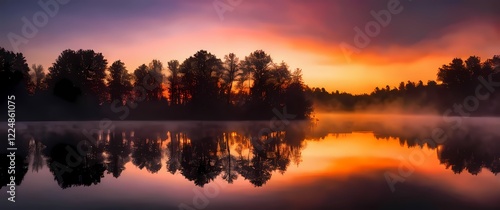 A breathtaking sunset over a tranquil body of water featuring silhouettes of trees and colorful reflections enhancing the serene mood. Extremely detailed high resolution illustration.