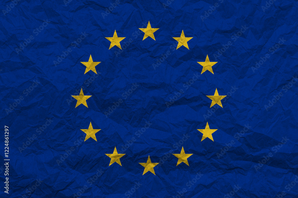 EU flag on paper. The flag of the European Union painted on crumpled craft paper. EU flag on paper. The flag of the European Union painted on crumpled craft paper.