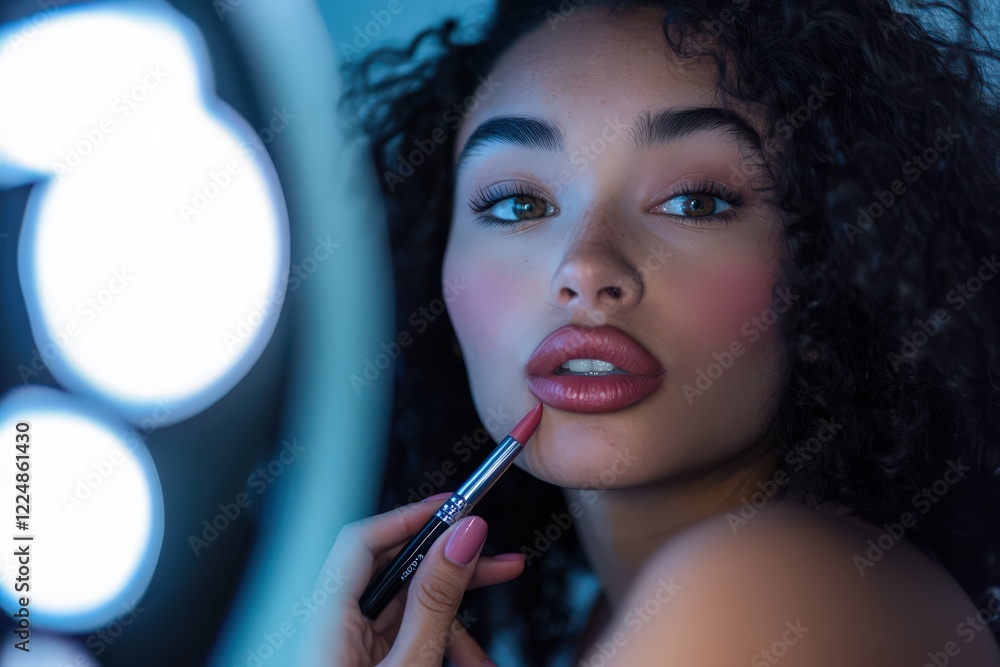 Obraz premium A close-up of a young woman applying lipstick in front of a vanity mirror, showing a focus on body care and beauty.