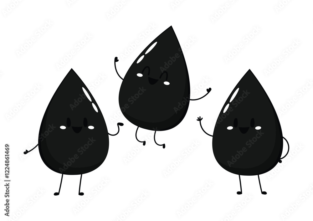 Oil drop character. Oil drop water icon in trendy flat design. Vector illustration of Character black drop, isolated on white background. Oil drop character. Oil drop water icon in trendy flat design. Vector illustration of Character black drop, isolated on white background.