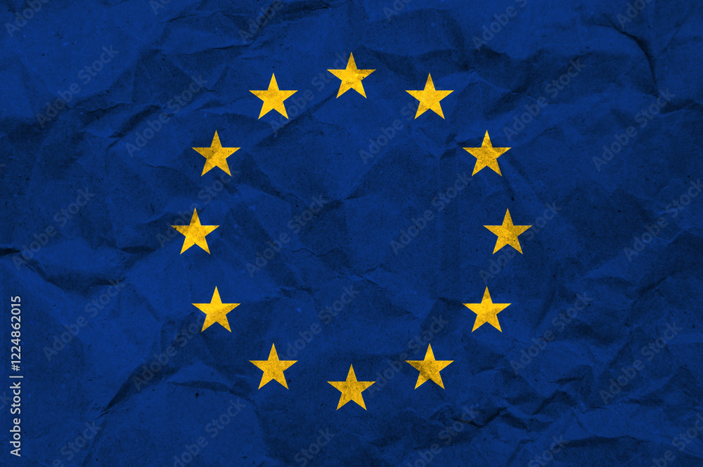 EU flag on paper. The flag of the European Union painted on crumpled craft paper. EU flag on paper. The flag of the European Union painted on crumpled craft paper.