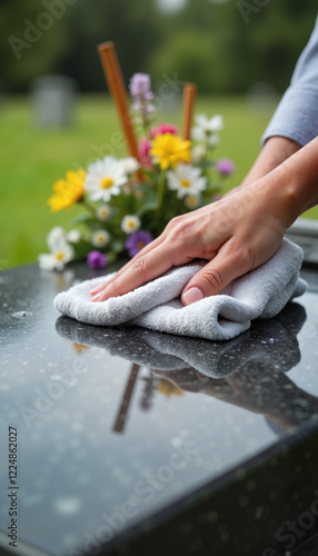 Obon (Japanese Ancestor Festival) お盆 Cleaning a gravestone with fresh flowers and incense 墓石を掃除し、新しい花と線香を供える