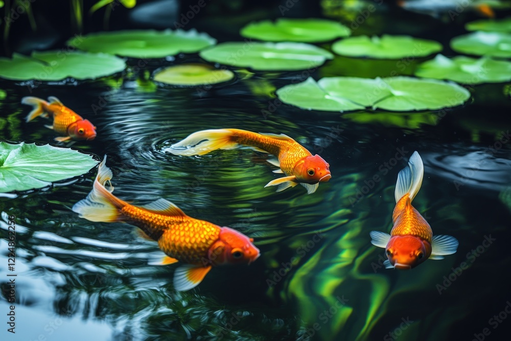 Four goldfish swim in a pond with lily pads. Four goldfish swim in a pond with lily pads.