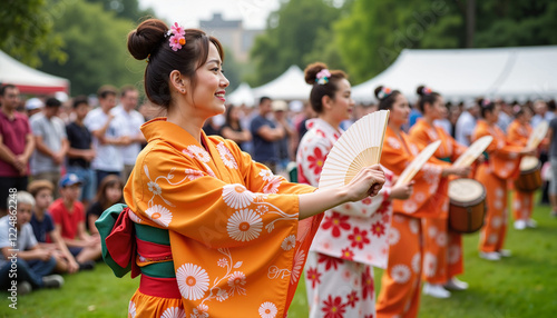 Obon (Japanese Ancestor Festival) お盆 Women in kimono performing a traditional dance at a festival / 祭りで伝統舞踊を披露する着物姿の女性たち