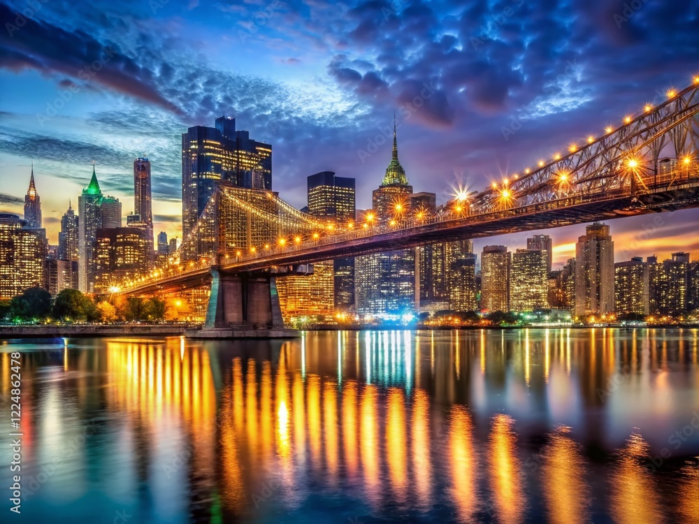 Fototapeta premium Panoramic Night View of NYC Skyline & Queensboro Bridge