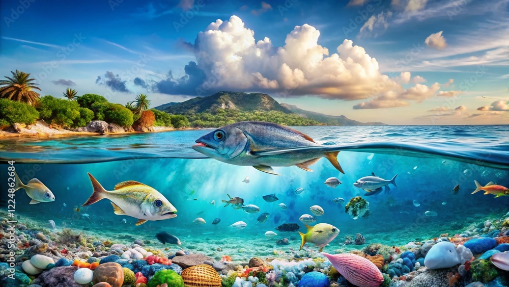 Obraz premium Panoramic Ocean Pollution: Fresh Fish with Microplastics