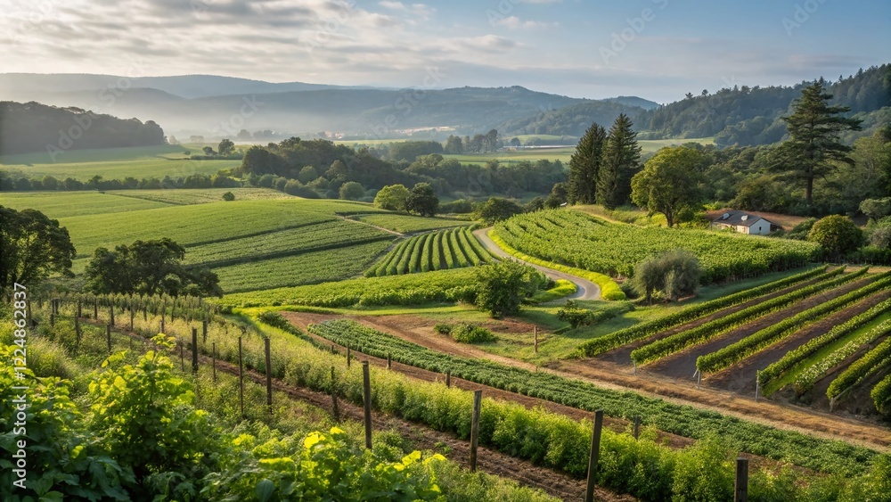 Naklejka premium Panoramic Organic Farm: Green Fields, Eco Textures & Vineyard - Exhibition Invite