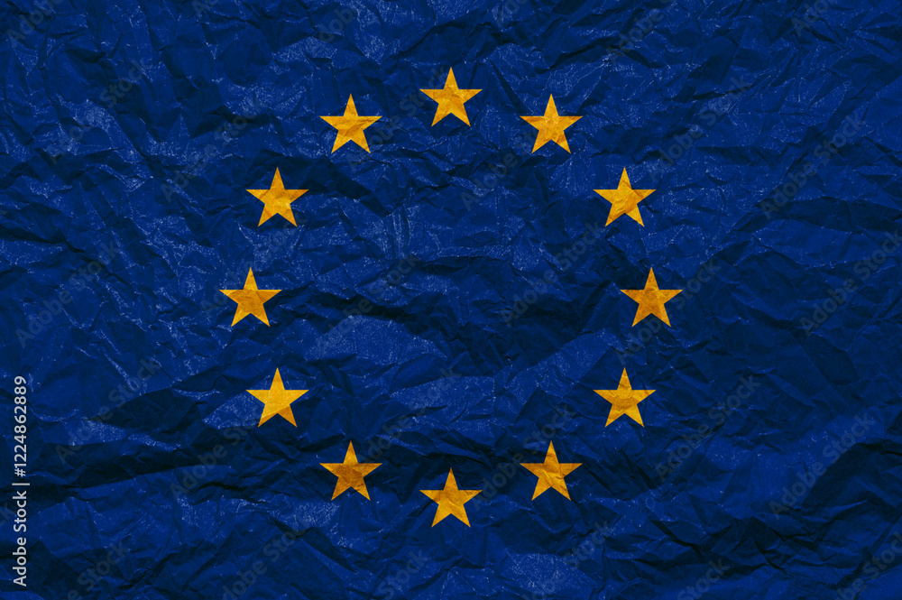 EU flag on paper. The flag of the European Union painted on crumpled craft paper. EU flag on paper. The flag of the European Union painted on crumpled craft paper.