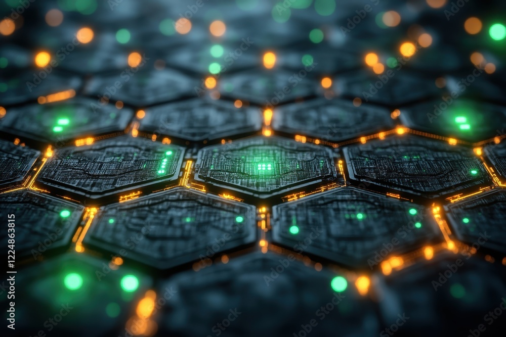 High-Tech 3D Rendering of Green Hexagons with a Circuit Board Layout High-Tech 3D Rendering of Green Hexagons with a Circuit Board Layout