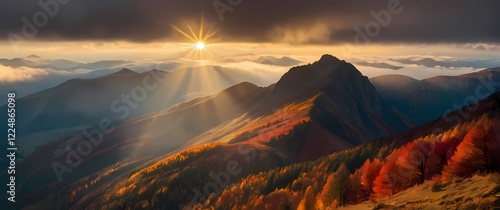 A breathtaking capture of a mountain landscape blanketed in a mix of autumn colors illuminated by the warm sunlight peeking through clouds. Extremely detailed high resolution illustration.
