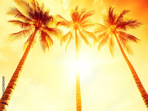 Three Palm Trees Reach for the Golden Sun in a Tropical Paradise at Sunset