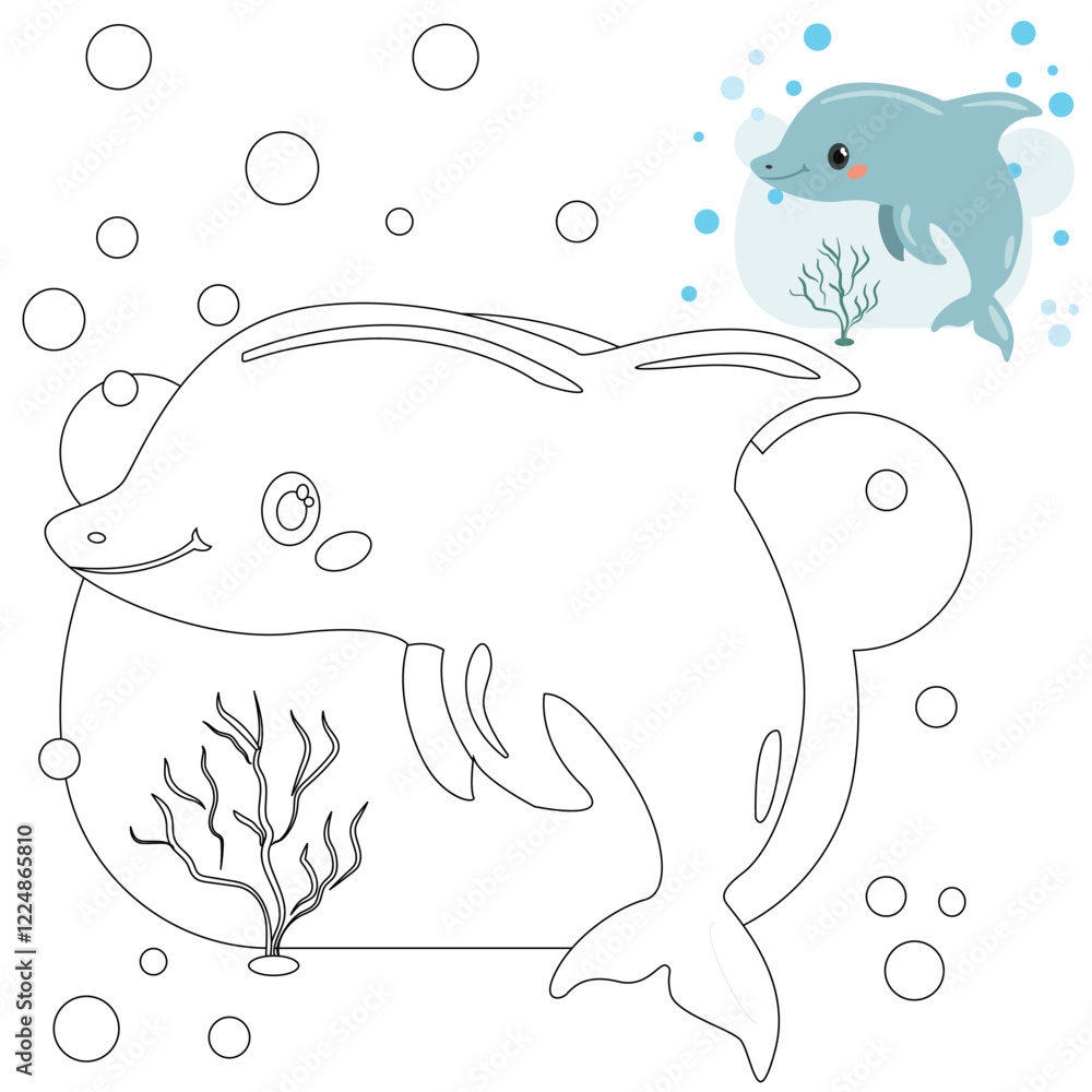 Obraz premium Vector drawing of a dolphin. Smart ocean dweller, for kids, coloring books and education.