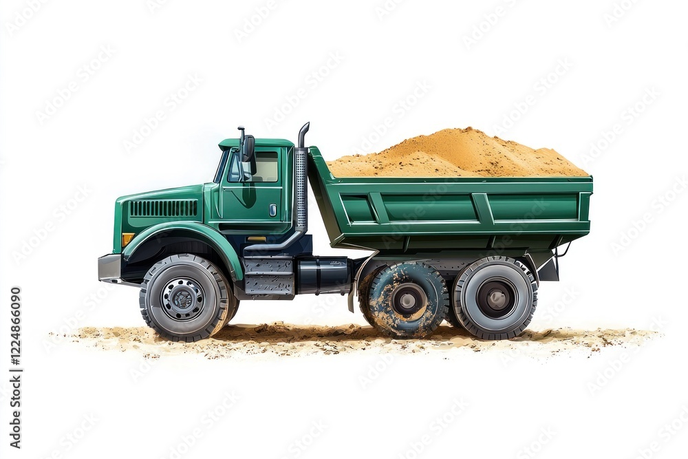 Obraz premium Dump Truck filled with sand isolated on white background. Dump Truck icon. Heavy Machinery. Construction Vehicle with sand. Dump Truck Design Element. Sand-filled Dump Truck isolated.