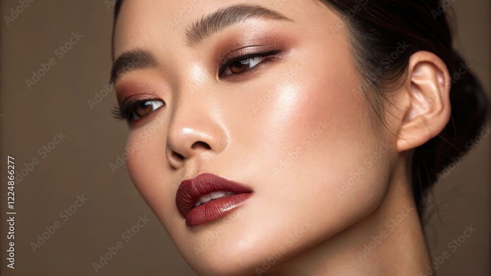 Mocha mousse makeup, 2025 Color Trend. Close-up of a woman with glamorous makeup featuring bold lips and shimmering eyeshadow. Mocha mousse makeup, 2025 Color Trend. Close-up of a woman with glamorous makeup featuring bold lips and shimmering eyeshadow.