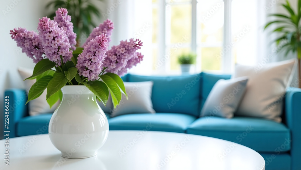 a vase with lilacs standing on a white table. Lilac has delicate purple flowers and green leaves. In the background, you can see the interior of a room with a blue sofa and several pillows. a vase with lilacs standing on a white table. Lilac has delicate purple flowers and green leaves. In the background, you can see the interior of a room with a blue sofa and several pillows.