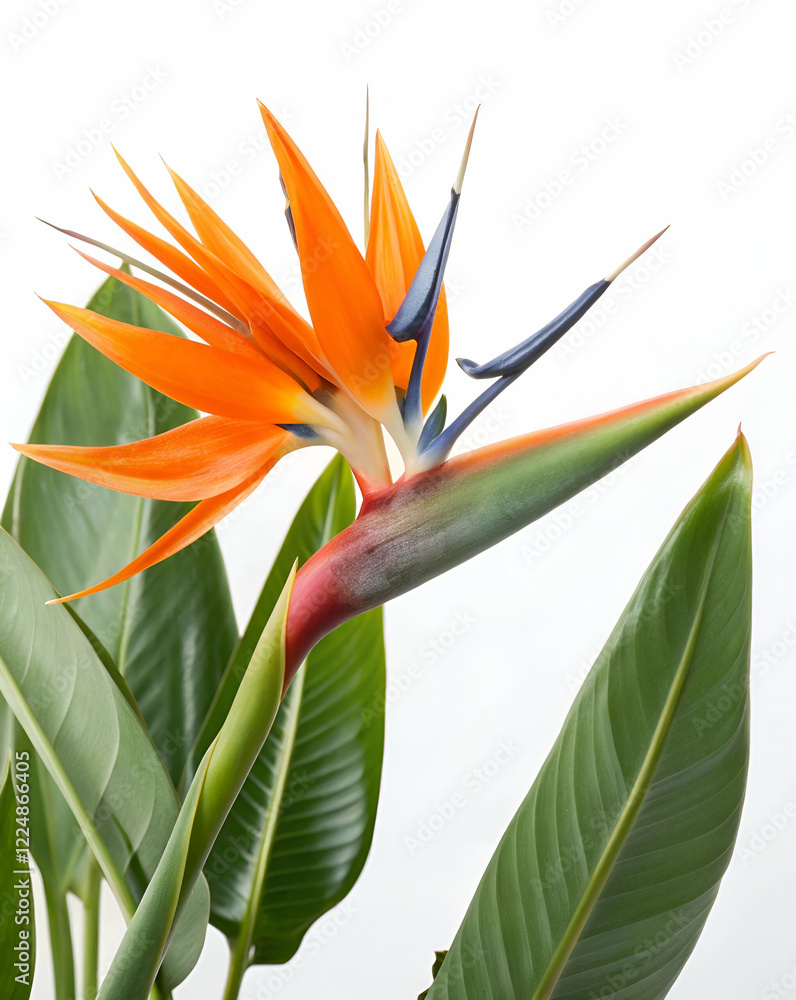 Obraz premium A vibrant Bird of Paradise flower showcases striking orange and blue hues, flanked by lush green leaves, symbolizing tropical beauty and exotic elegance.