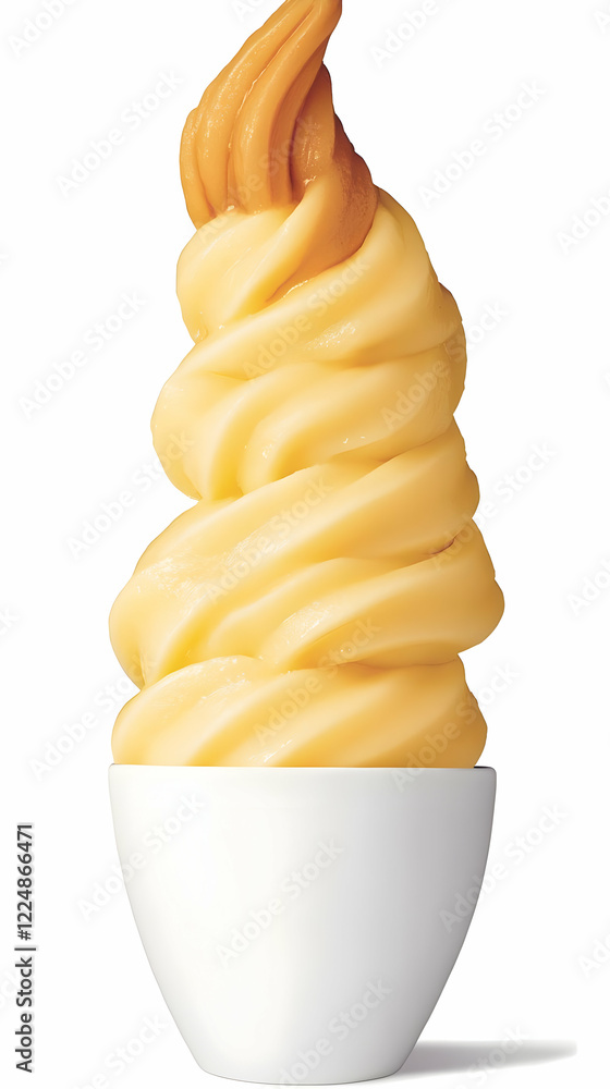 Swirled Frozen Yogurt Dessert Topped with Caramel in a White Bowl on a White Background Swirled Frozen Yogurt Dessert Topped with Caramel in a White Bowl on a White Background