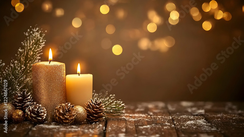 Two Lit Candles with Pine C...