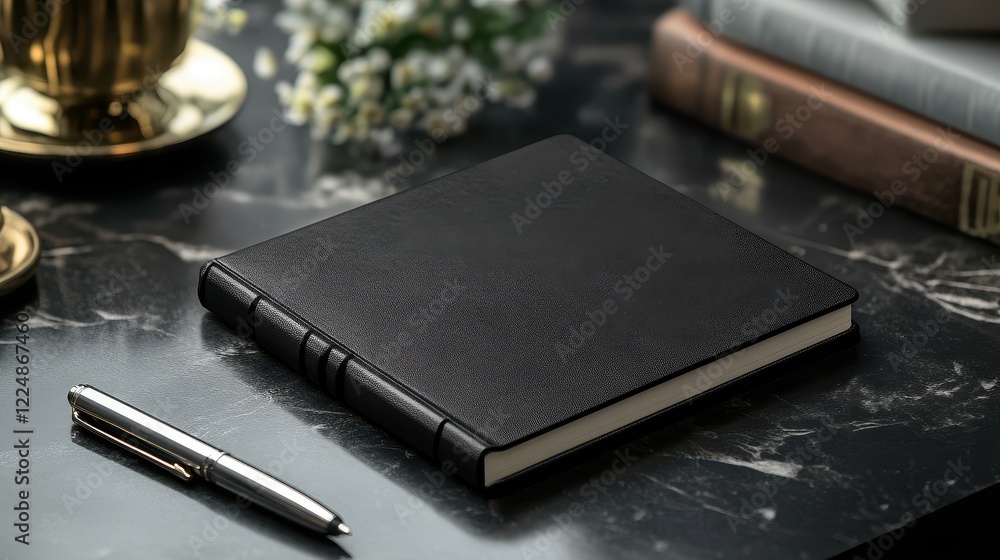 Elegant black leather journal rests on desk. Perfect for showcasing luxury, writing, or business concepts. Elegant black leather journal rests on desk. Perfect for showcasing luxury, writing, or business concepts.