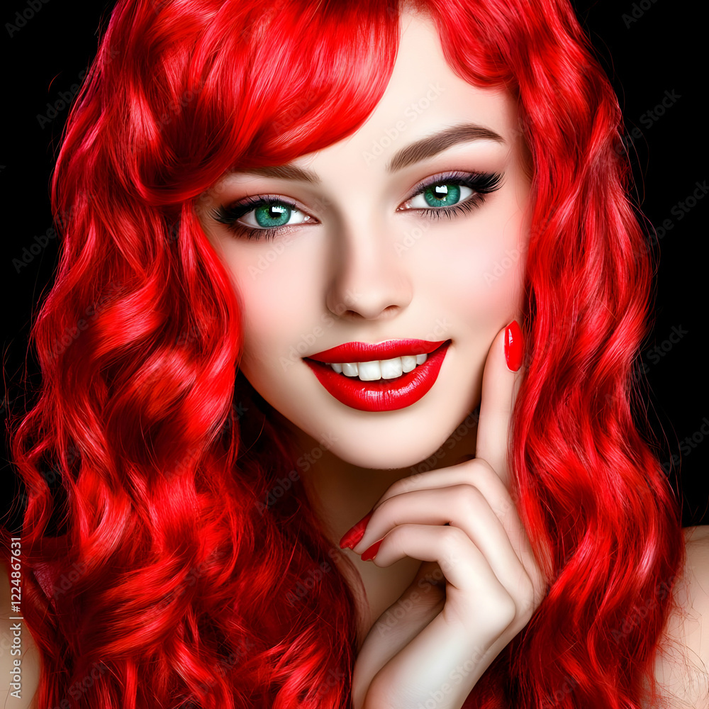 Fototapeta premium Close-up Portrait of a Woman with Vibrant Red Hair, Red Lipstick, and Green Eyes Against a Black Background.