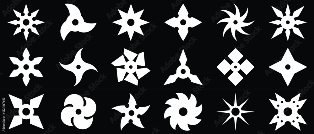 Fototapeta premium Set of ninja shuriken stars icons, Ninja Throwing Star Silhouettes. set of ninja weapon .White vector silhouettes isolated on black background
