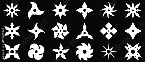 Set of ninja shuriken stars icons, Ninja Throwing Star Silhouettes. set of ninja weapon .White vector silhouettes isolated on black background