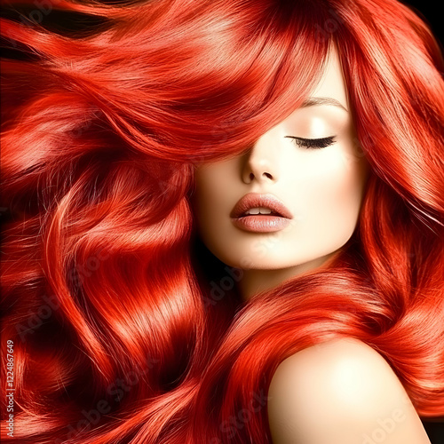 Woman with Long, Flowing Red Hair Covers Her Face Elegantly in Studio Portrait