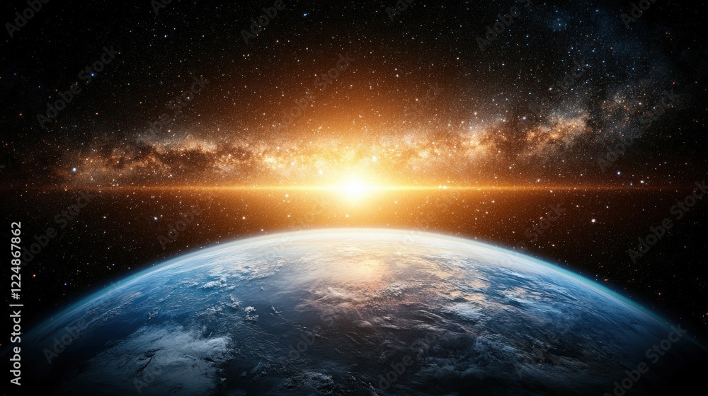 Obraz premium Breathtaking View of Earth at Sunrise Amidst the Infinite Cosmos: An Awe-Inspiring Cosmic Perspective Captured from Space