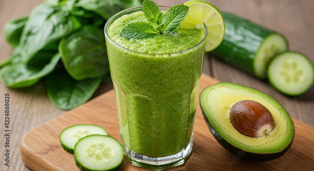 Fresh green smoothie with mint, lime, and vegetables Fresh green smoothie with mint, lime, and vegetables